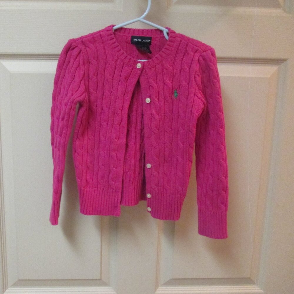 Ralph Lauren pink cable knit button down cardigan green pony girls 6
